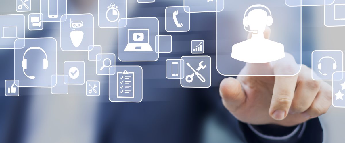 Technical support concept, business person touching helpdesk icon on screen, hotline assistance service available by phone, chat, email or online to solve incident with computer software, smartphone